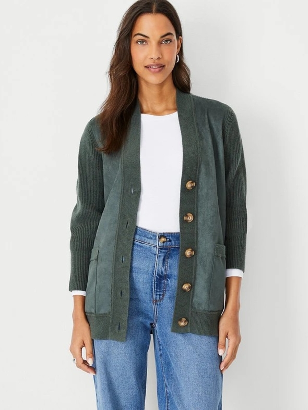 AnnTaylor Faux Suede Mixed Media Cardigan Size Small Petite Autumn Sage Women's